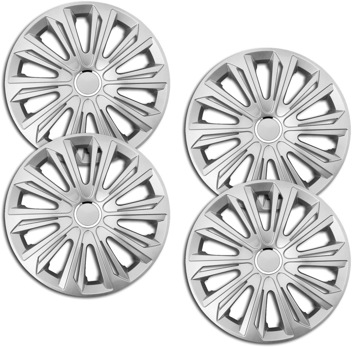 Eine Frontaufnahme des 4er Set Radkappen Modell RKK06 in silber.