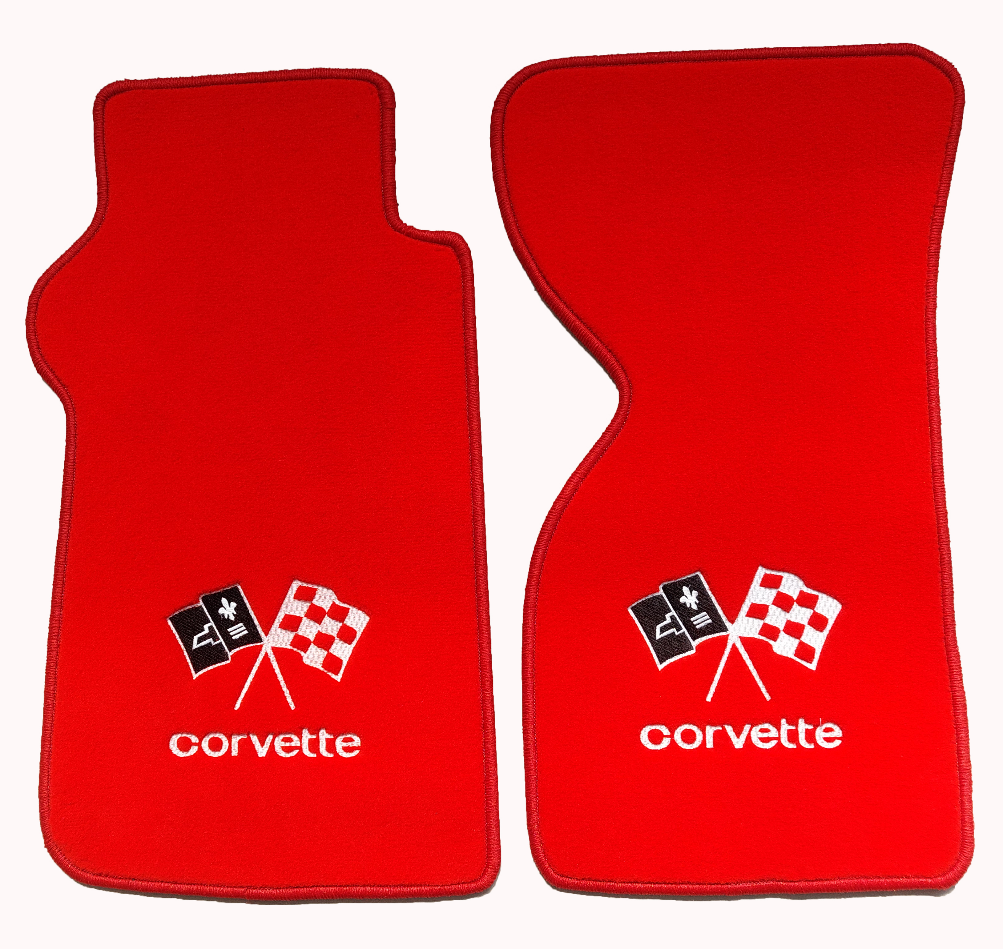 Rote Velours Fußmatten mit STICK Corvette-Logo für Chevrolet Corvette C3 Automatik 1967-1982