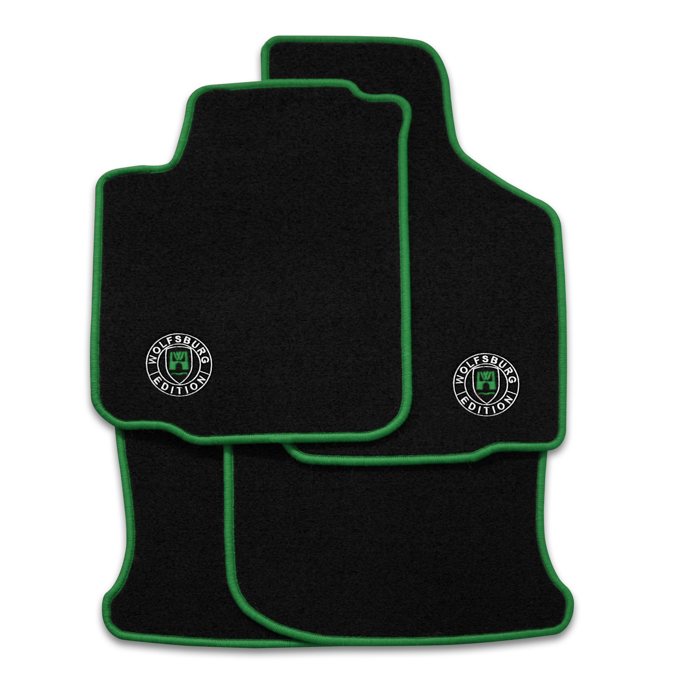 Schwarze Fußmatten mit dem STICK Wolfsburg WOB Logo und Rand in dunkelgruen