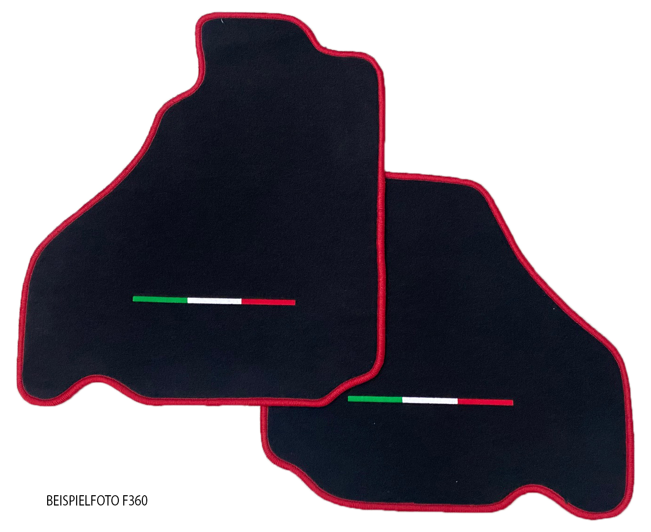 Velours Fußmatten für Ferrari California 2008-2017 mit Bestickung Tricolore und Rand rot
